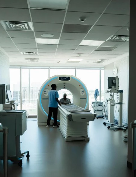 Medical technician overseeing patients in advanced walk-in CT scan machines at a Houston clinic, ensuring comfortable and efficient diagnostic imaging in a spacious room.