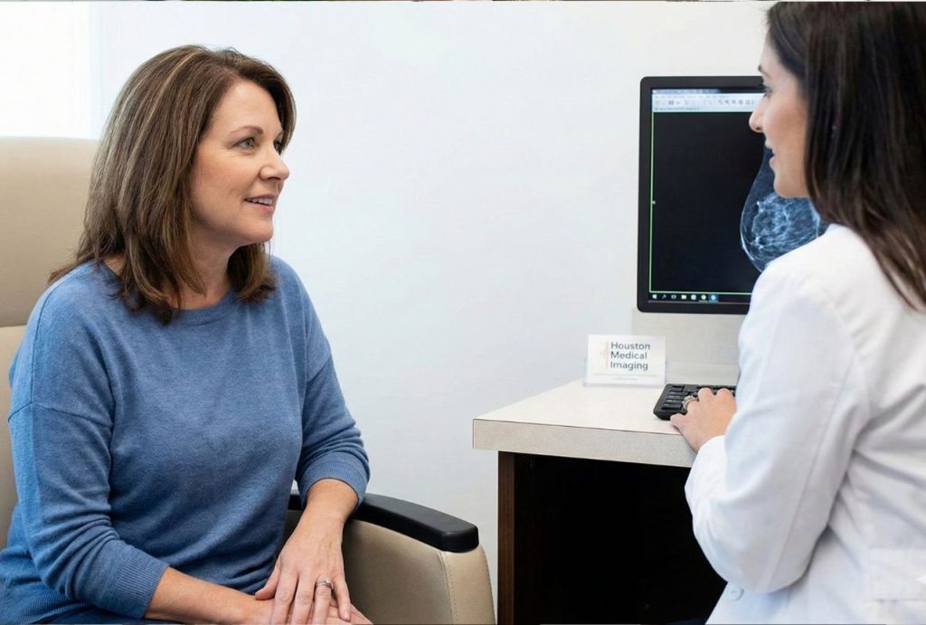 A doctor reviewing a patient's mammogram on a monitor at a clinic specializing in 3D Mammograms Houston.