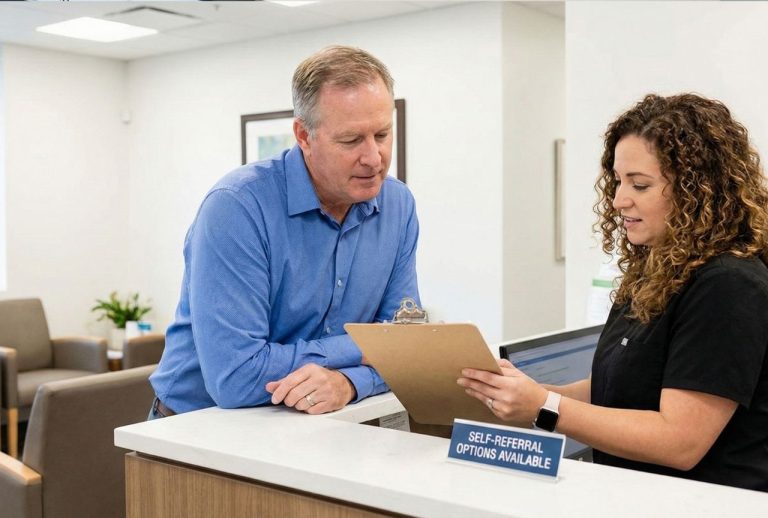A patient discussing flexible appointment options with a receptionist at a clinic desk, highlighting accessible MRI Services Houston.