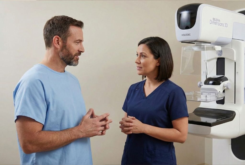 A technologist is having a discussion with a male patient next to the equipment used for 3D Mammograms Houston.