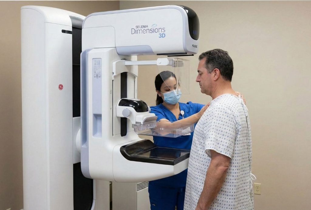 A technologist is positioning a male patient for a screening using advanced 3D Mammograms Houston technology.