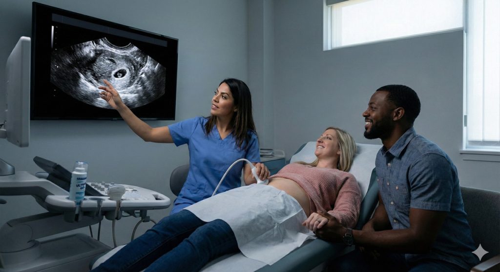 Couple viewing early pregnancy ultrasound with technician at Walk-In Ultrasound Houston during prenatal visit.