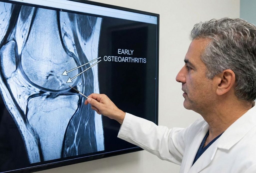 Doctor consults on knee osteoarthritis scan for MRI Services Houston.