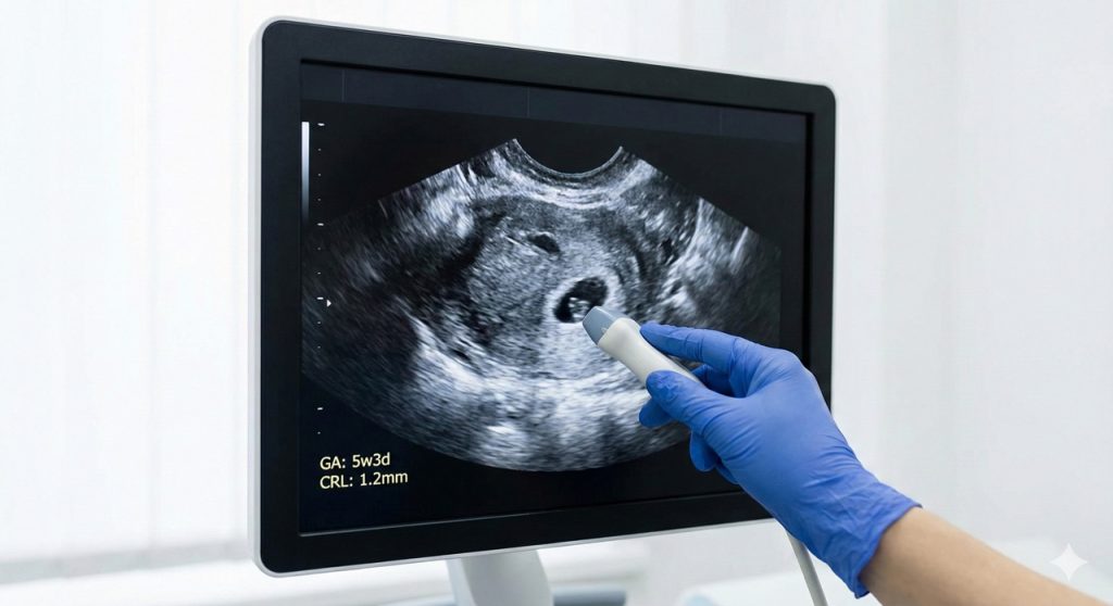 Early pregnancy ultrasound scan showing 5-week gestation at Walk-In Ultrasound Houston clinic monitor display.