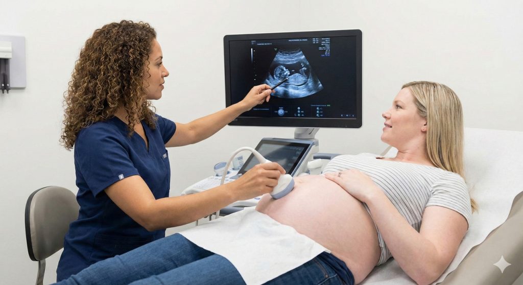 Prenatal consultation showing fetal ultrasound images at Walk-In Ultrasound Houston with caring medical staff