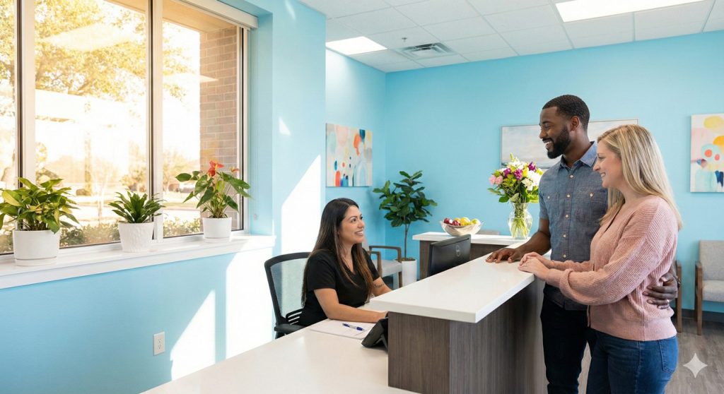 Couple checking in at bright Walk-In Ultrasound Houston reception area with friendly staff and modern decor.