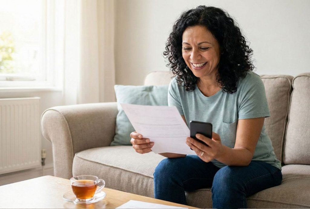 A woman on her couch, smiling and feeling relieved after receiving her clear 3D Mammograms Houston results.