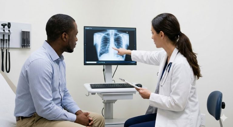 A doctor in Houston reviews a chest x-ray on a monitor with a male patient during a consultation at a clinic.