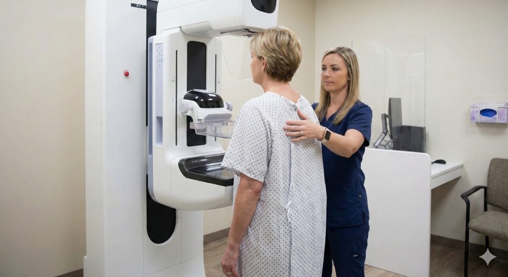 A female technician positions a patient for a mammogram screening, which may be followed by a diagnostic breast ultrasound in Houston.
