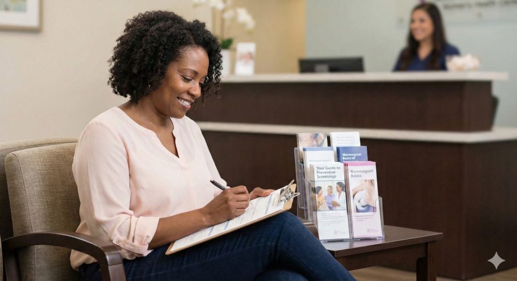 A patient fills out registration forms in a waiting room of a Houston clinic that offers cheap mammograms.