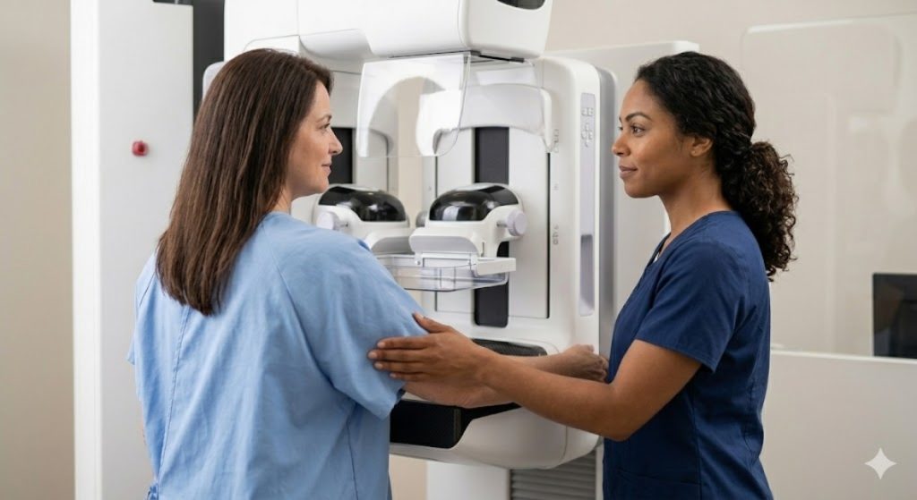A technician carefully positions a patient for her screening at our Houston mammogram services clinic, emphasizing preventative care.