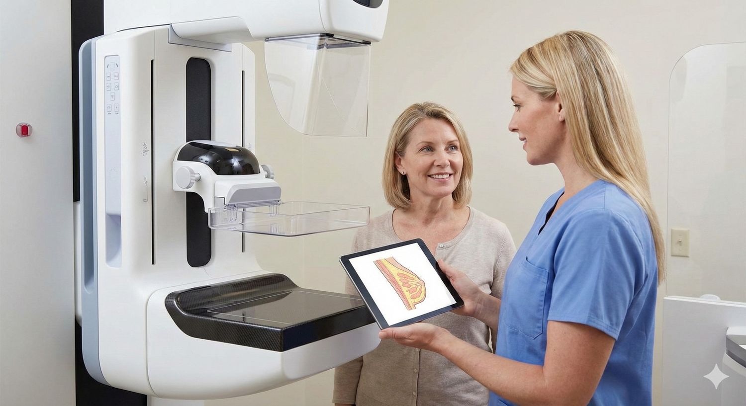 A technologist and a patient in a Houston clinic discuss cheap mammograms results on a tablet next to a machine.