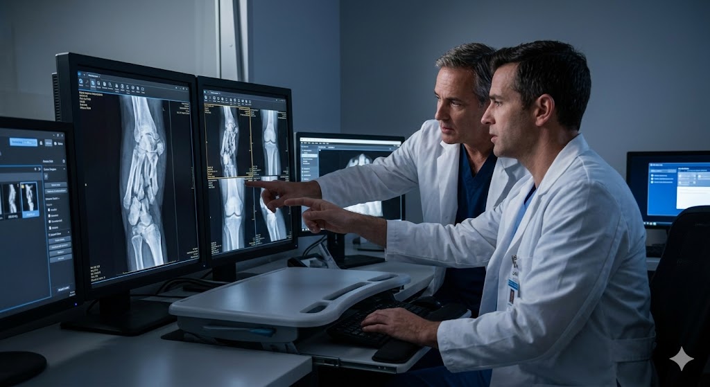 Two specialists analyze multiple bone scans on screens, showcasing advanced diagnostic x-ray services Houston available today.