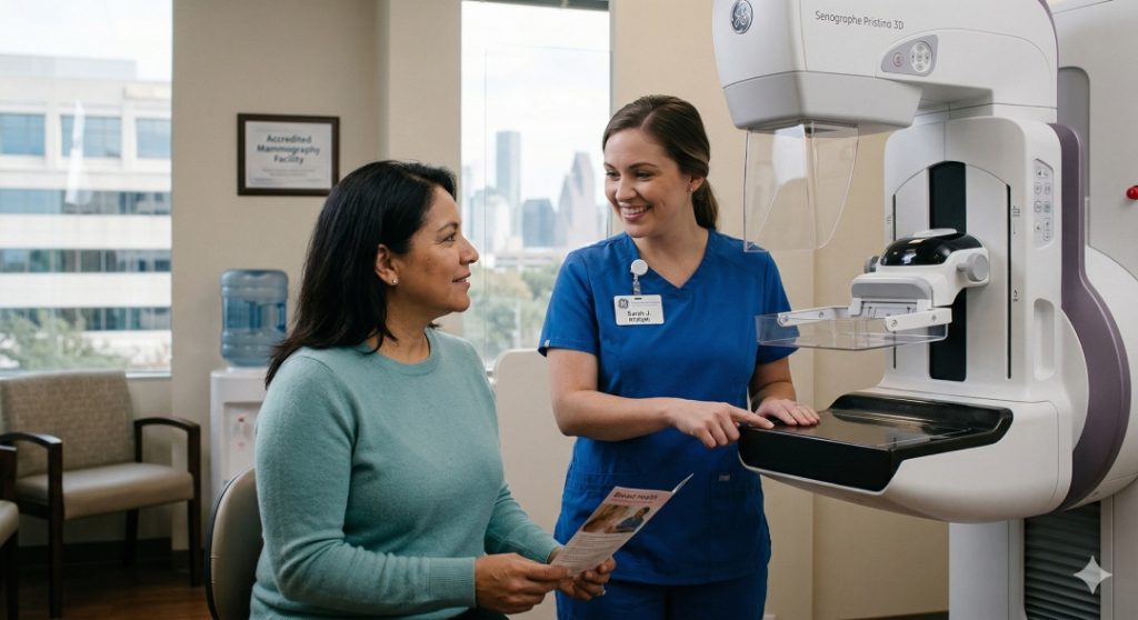 A caring medical technician guides a patient holding a brochure near the machine for cheap mammograms houston area.