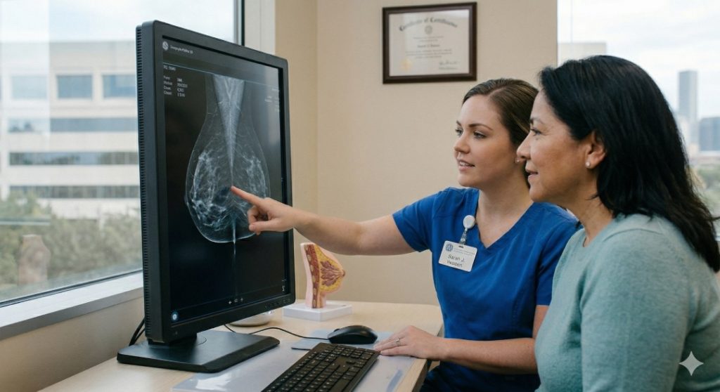 A doctor reviews breast x-ray results with a patient on a monitor, discussing options for cheap mammograms houston.