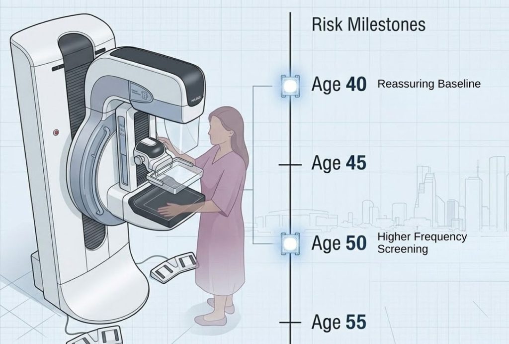 Educational diagram illustrating risk milestones for 3d mammograms houston starting at age forty for patients.