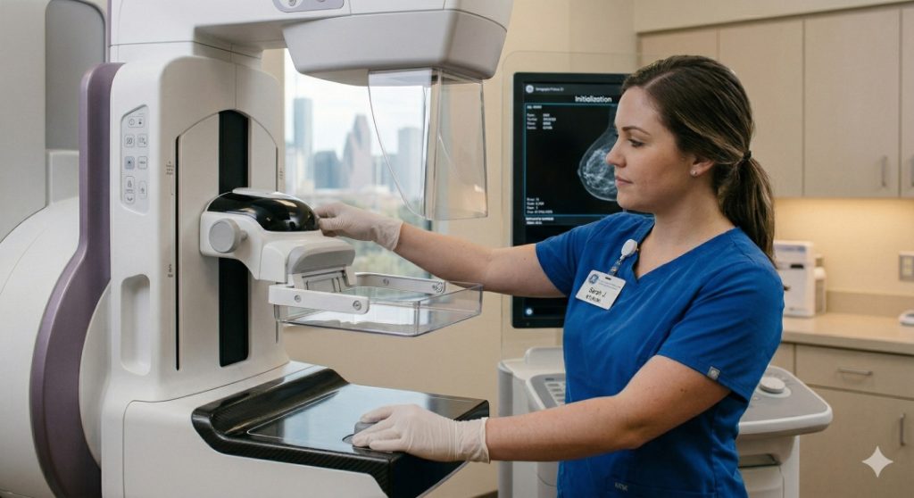 A healthcare technician adjusts modern imaging equipment, helping patients access cheap mammograms houston clinics.