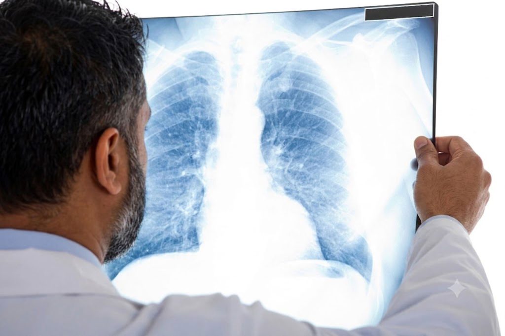 doctor analyzing a detailed film radiograph of a human chest