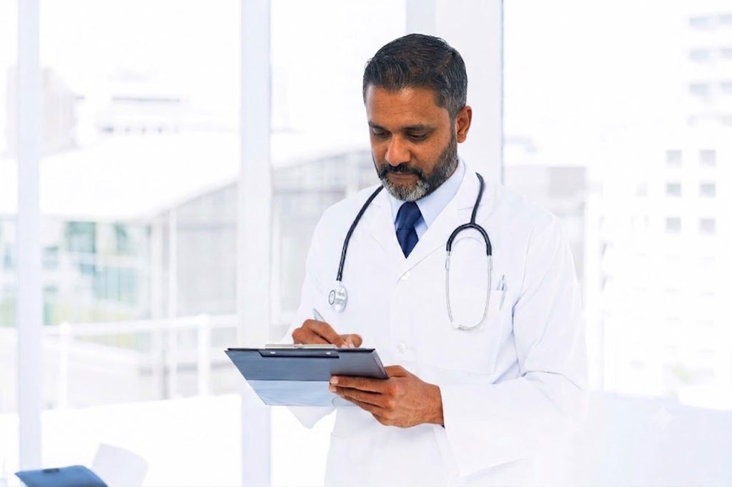 Experienced physician at a modern imaging center Houston clinic, reviewing patient charts