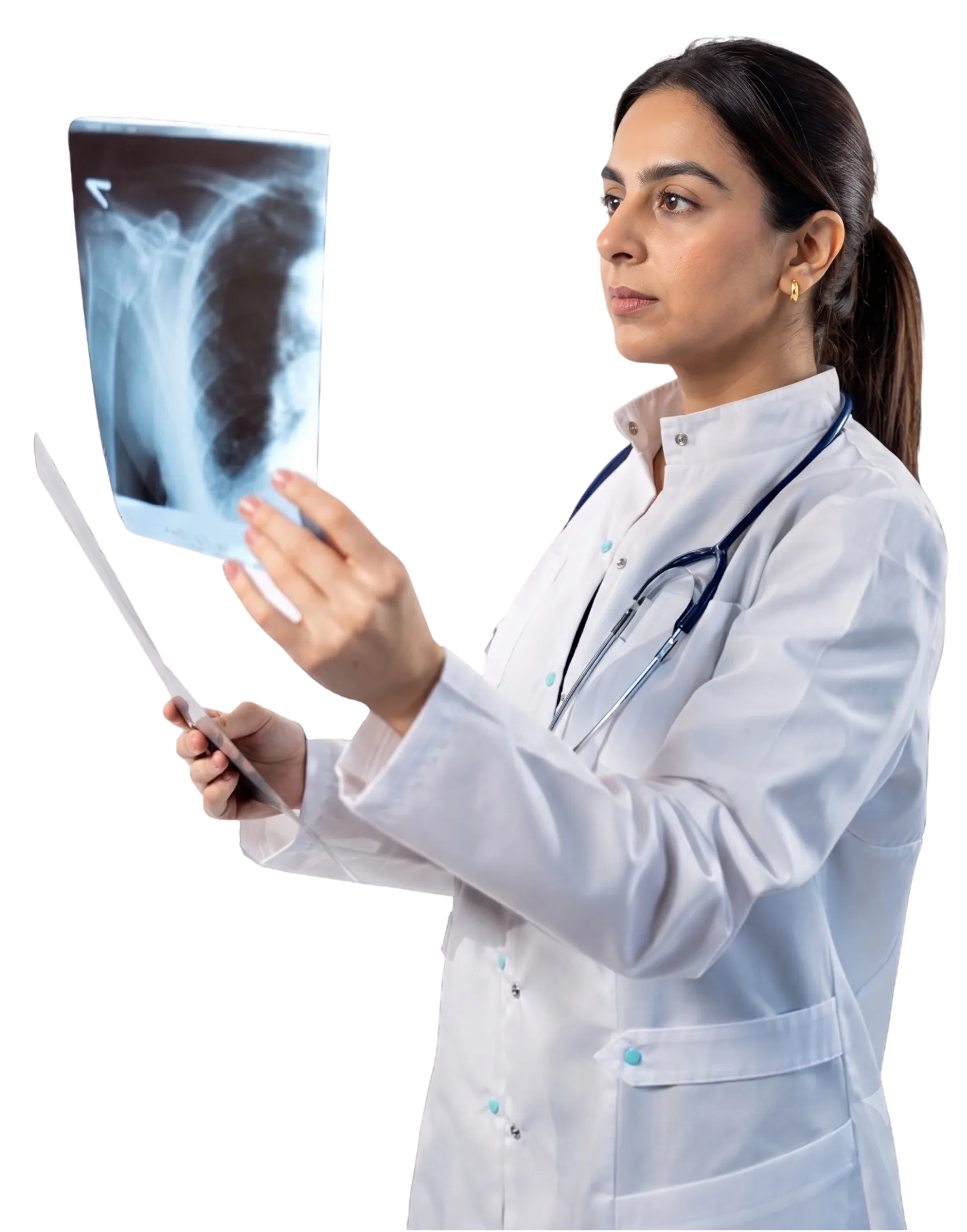 Professional female doctor examining a chest X-ray film for an accurate patient medical diagnosis at NextGen Scans