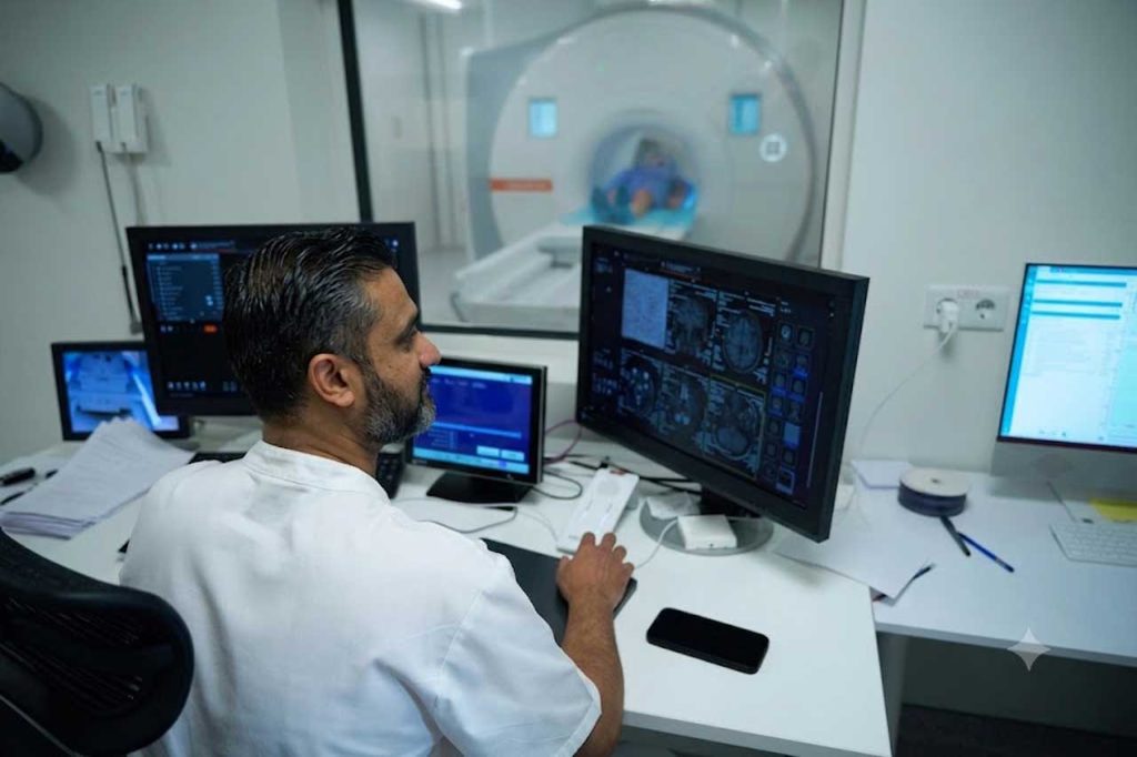 radiologist reviews brain MRI scans at a modern imaging center