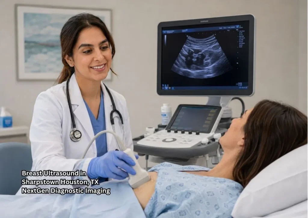 Breast ultrasound Houston exam in progress with doctor using a probe while patient stays covered and comfortable