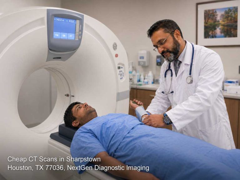 A doctor prepares a patient for their medical imaging procedure, showcasing cheap ct scans Houston clinics offer.