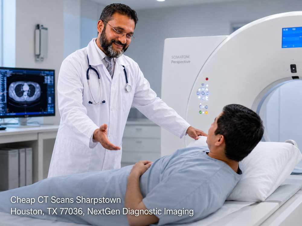 A doctor comforts a patient before a medical scan, demonstrating cheap ct scans Houston clinics reliably deliver.