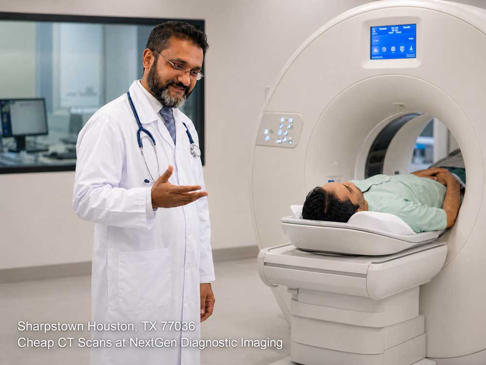 A physician explains the imaging procedure to a patient looking for cheap ct scans Houston imaging centers offer.