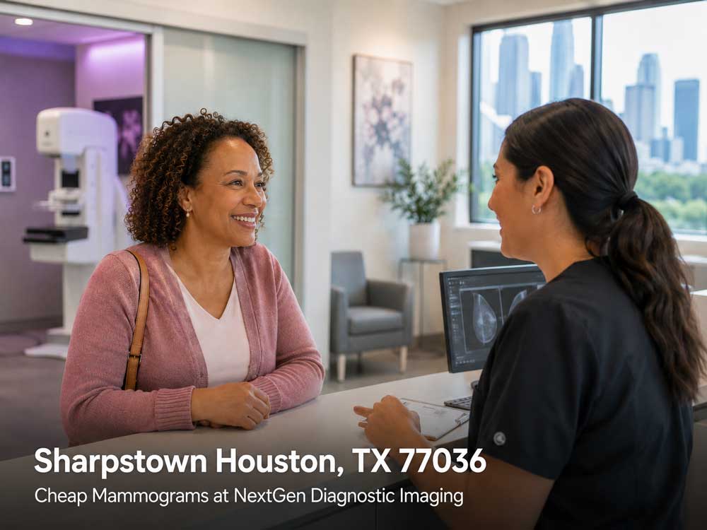 A smiling woman checks in at a clinic reception desk to get cheap mammograms in Houston.