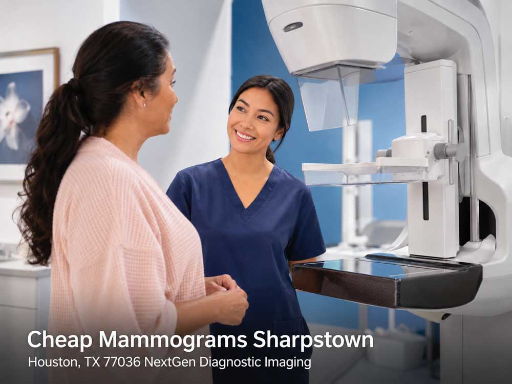 .A female technician guides a patient at a medical center offering cheap mammograms in Houston