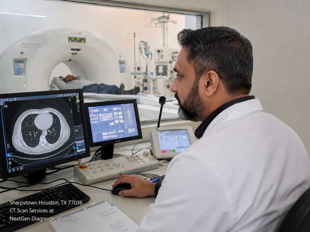 A medical technician reviews lung imaging results on a control monitor while performing CT scan services Houston.