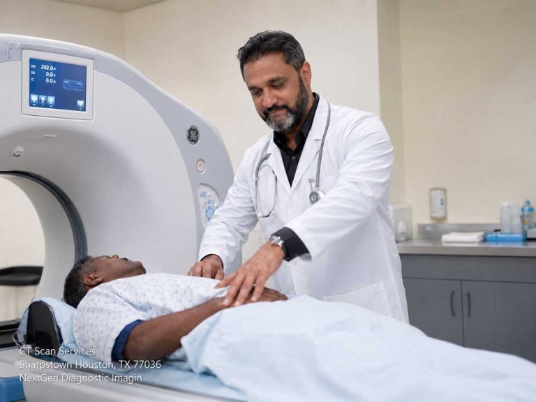 A physician carefully positions a patient on the scanner bed during professional CT scan services Houston clinic.