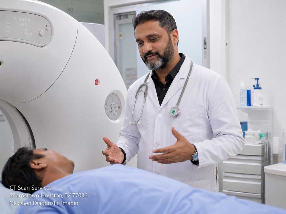 A doctor explains the procedure to a patient near a scanner at NextGen Diagnostic Imaging for CT scan services Houston.