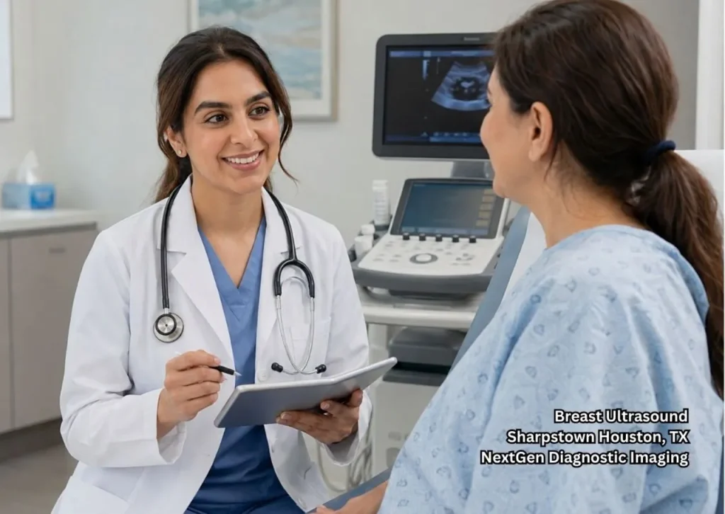 Doctor explains breast ultrasound Houston results to a patient in a modern clinic with imaging equipment nearby