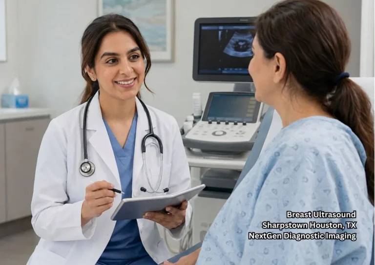 Doctor explains breast ultrasound Houston results to a patient in a modern clinic with imaging equipment nearby