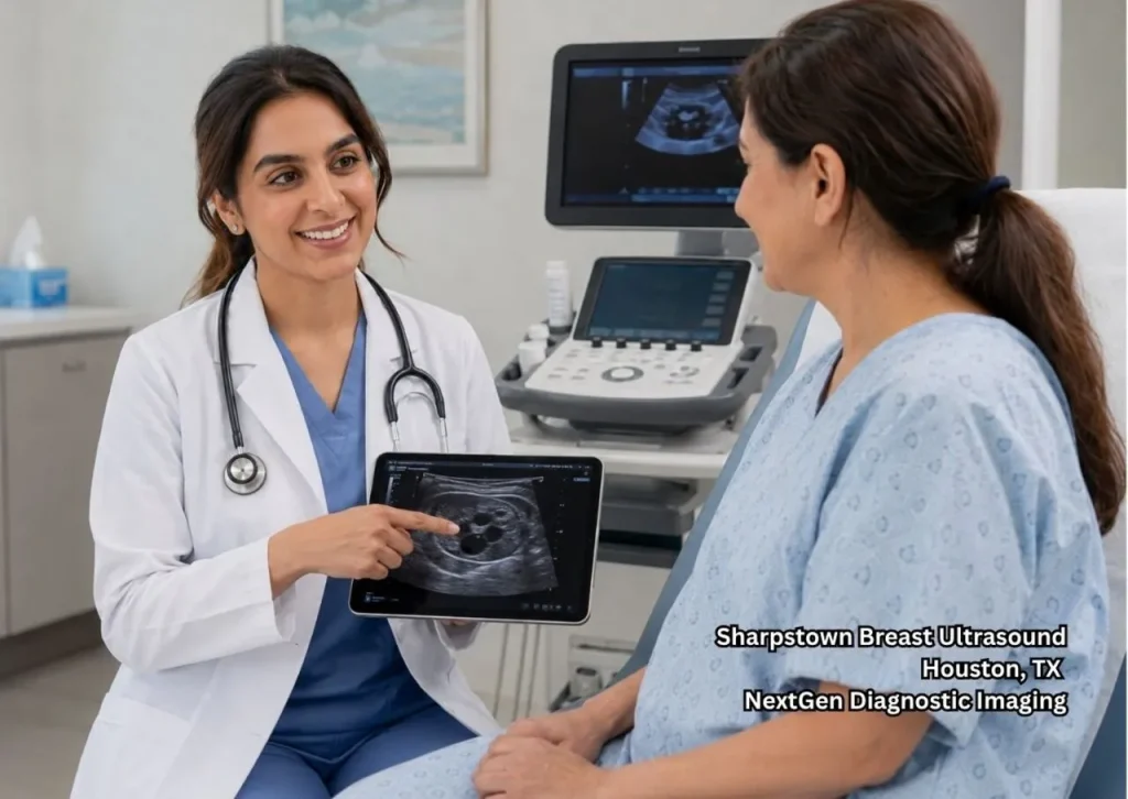 Doctor reviews breast ultrasound Houston scan on a tablet with patient after imaging in a calm modern clinic setting