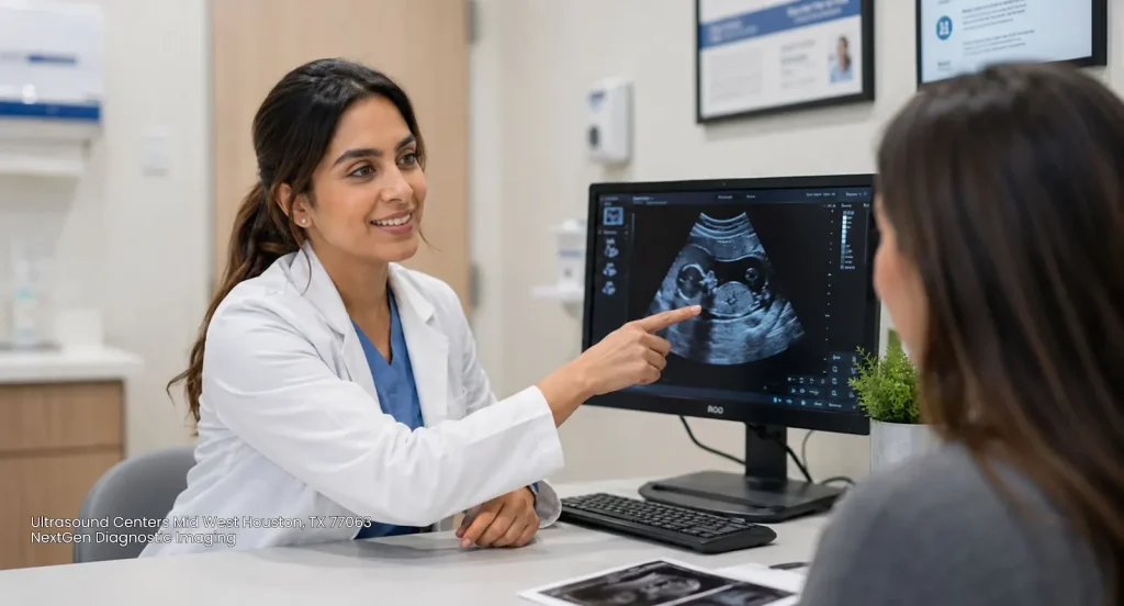 Doctor showing ultrasound scan results to patient at NextGen, leading ultrasound centers Houston.