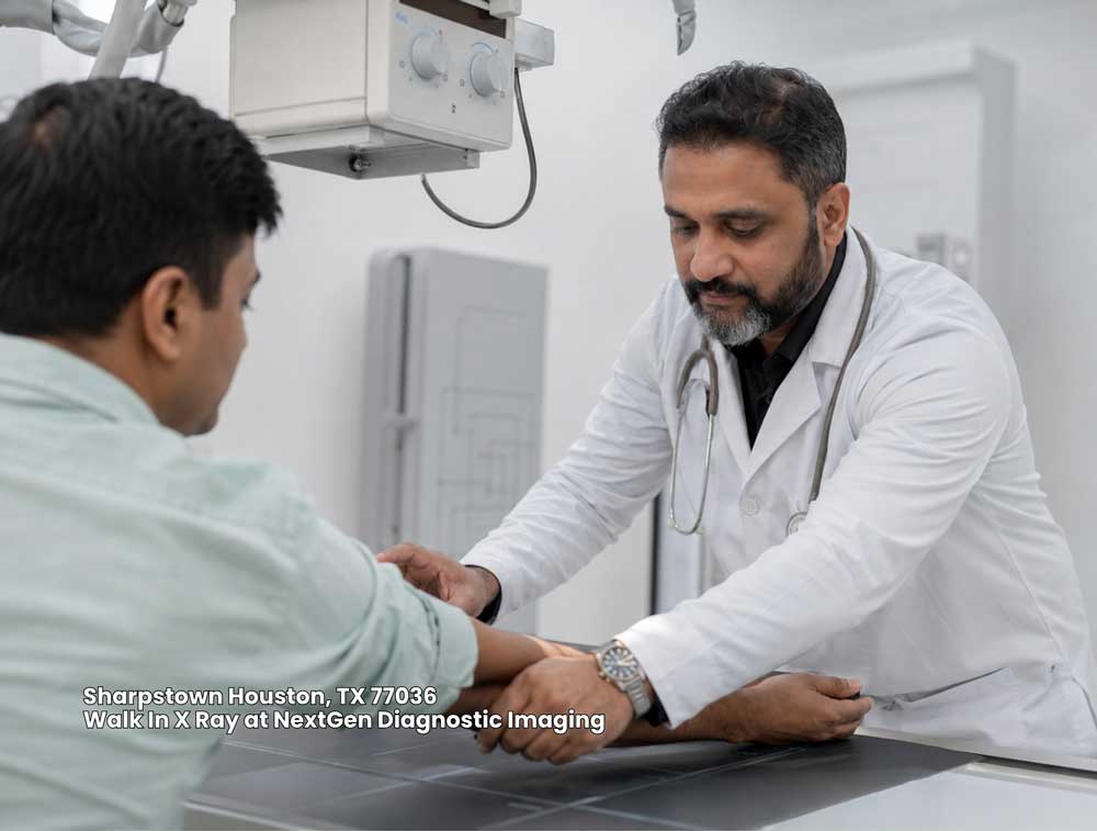 Radiologist positioning a patient's arm for a walk in x ray Houston scan at NextGen Diagnostic Imaging Sharpstown.
