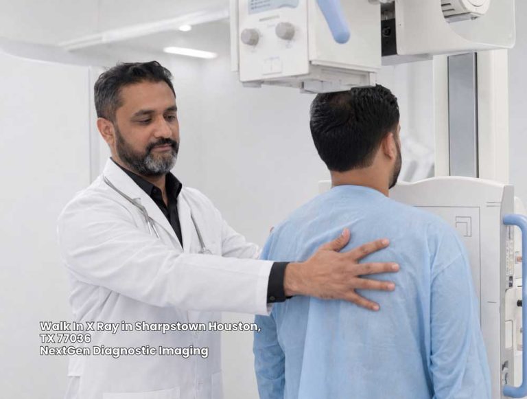 Doctor guiding a male patient during a walk in x ray Houston procedure at NextGen Diagnostic Imaging Sharpstown.