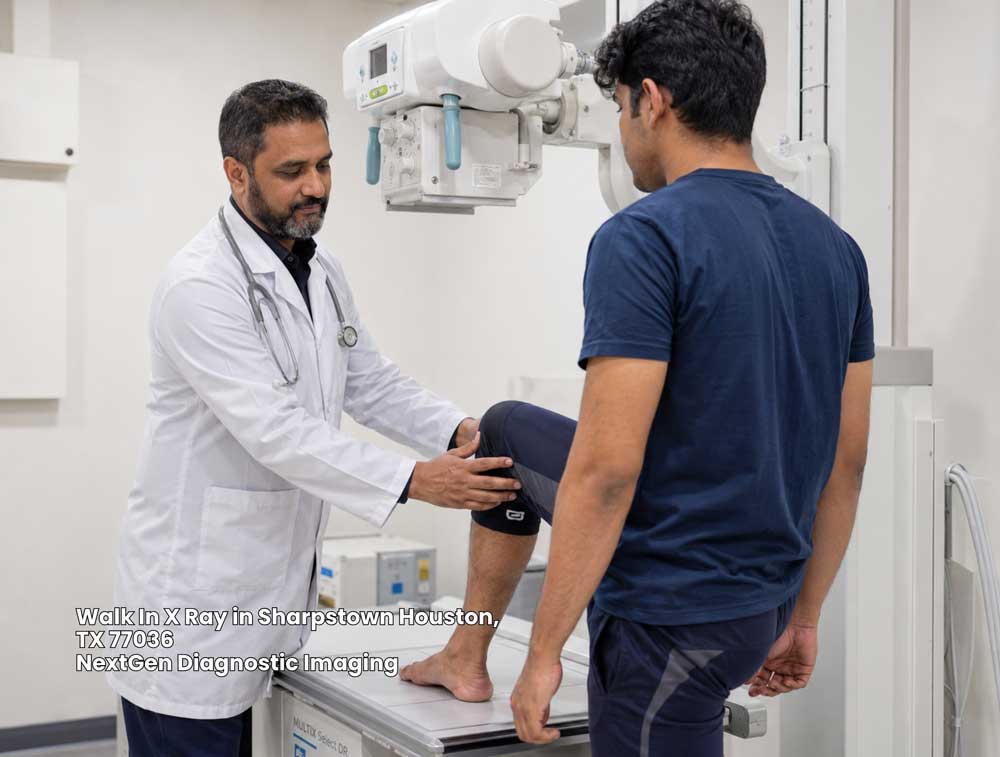 Doctor evaluating a patient's knee during a walk in x ray Houston service at NextGen Diagnostic Imaging in Sharpstown.