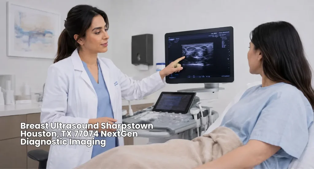 Doctor pointing to scan results during a breast ultrasound Houston session at NextGen Diagnostic Imaging in Sharpstown. 