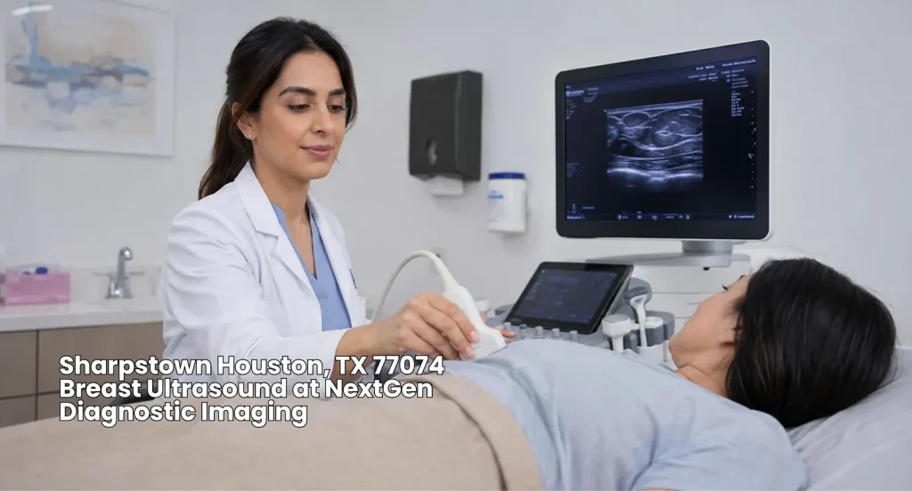 Sonographer delivering a gentle breast ultrasound Houston exam at NextGen Diagnostic Imaging in Sharpstown, TX 77074. 