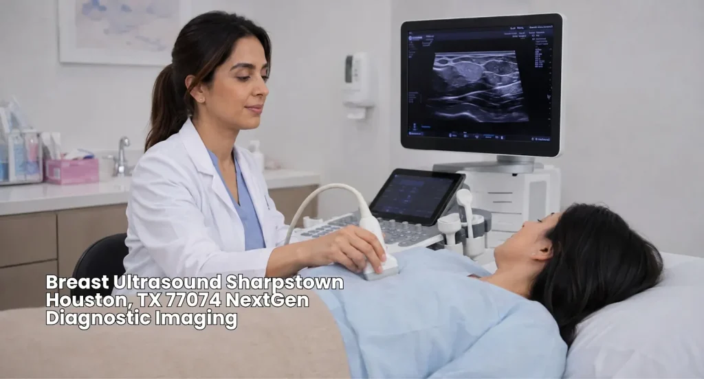 Medical specialist performing a professional breast ultrasound Houston procedure on a patient in a Sharpstown clinic.