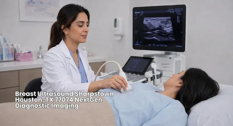 Medical specialist performing a professional breast ultrasound Houston procedure on a patient in a Sharpstown clinic.