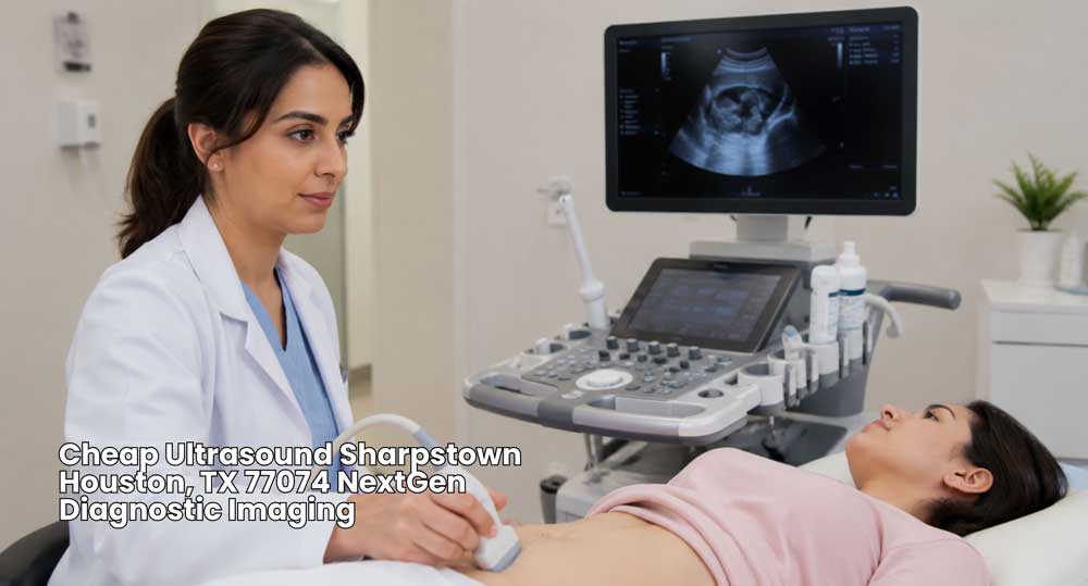 Female technician performing a cheap ultrasound in Houston at NextGen Diagnostic Imaging clinic in Sharpstown, TX.