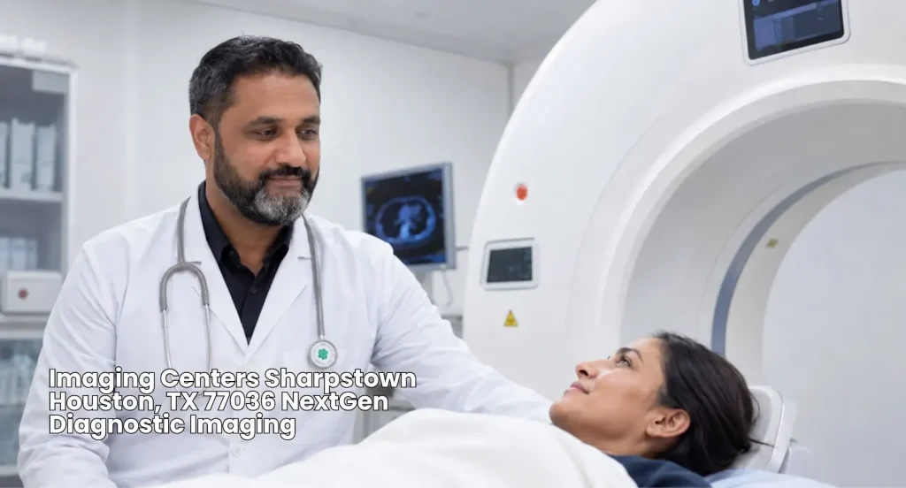 aring male radiologist assisting female patient preparing for CT scan at premier imaging centers Houston facility.