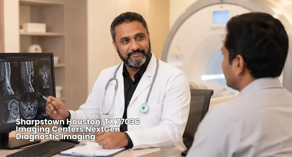 Male radiologist reviewing spine X-ray scan with patient at top-rated imaging centers Houston location.