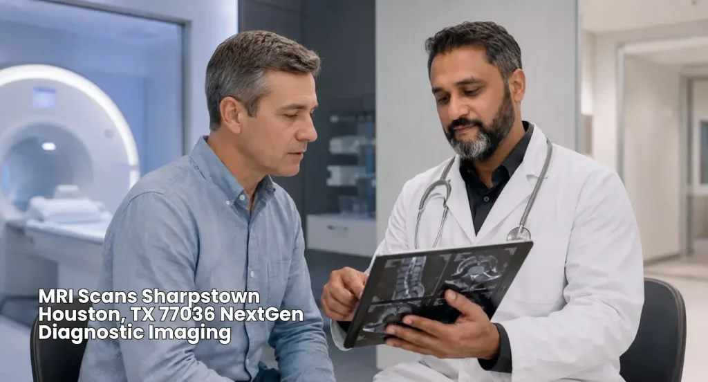 Doctor reviewing digital results on a tablet with a patient, demonstrating high-quality MRI scans Houston services. 