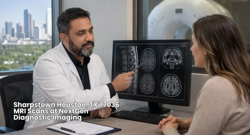 Doctor pointing to brain scans on a computer monitor while consulting a patient about MRI scans Houston options. 